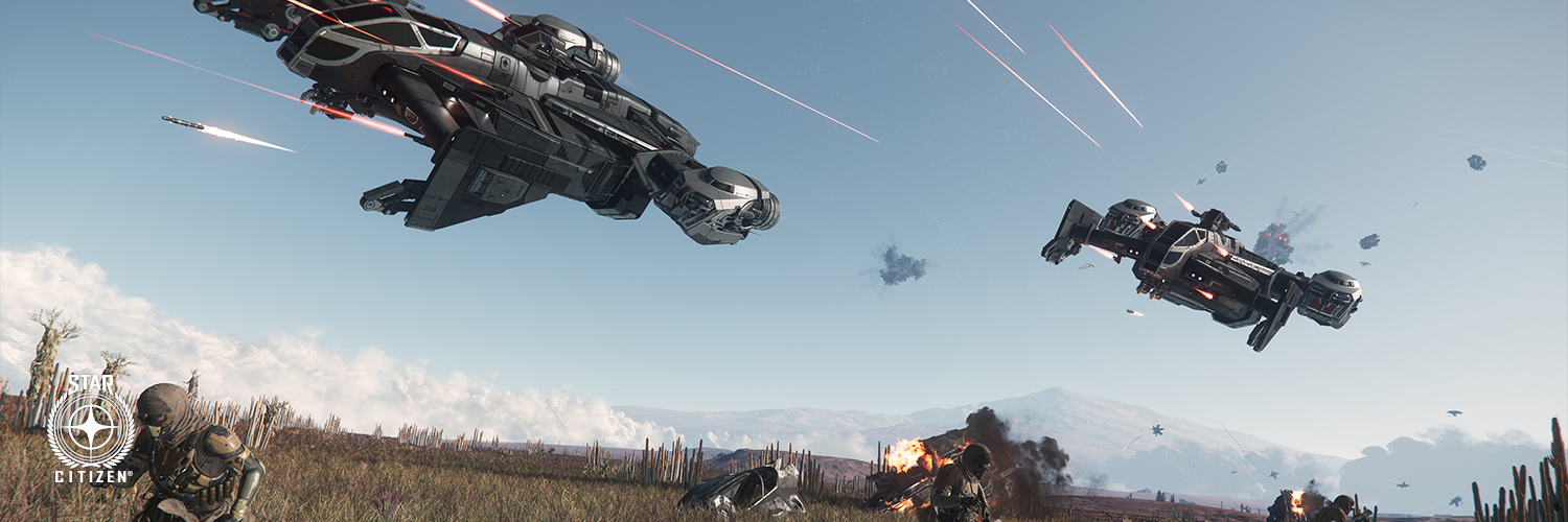 Two Cutless space ships flying low over troops on a planet, firing at a target out of frame.